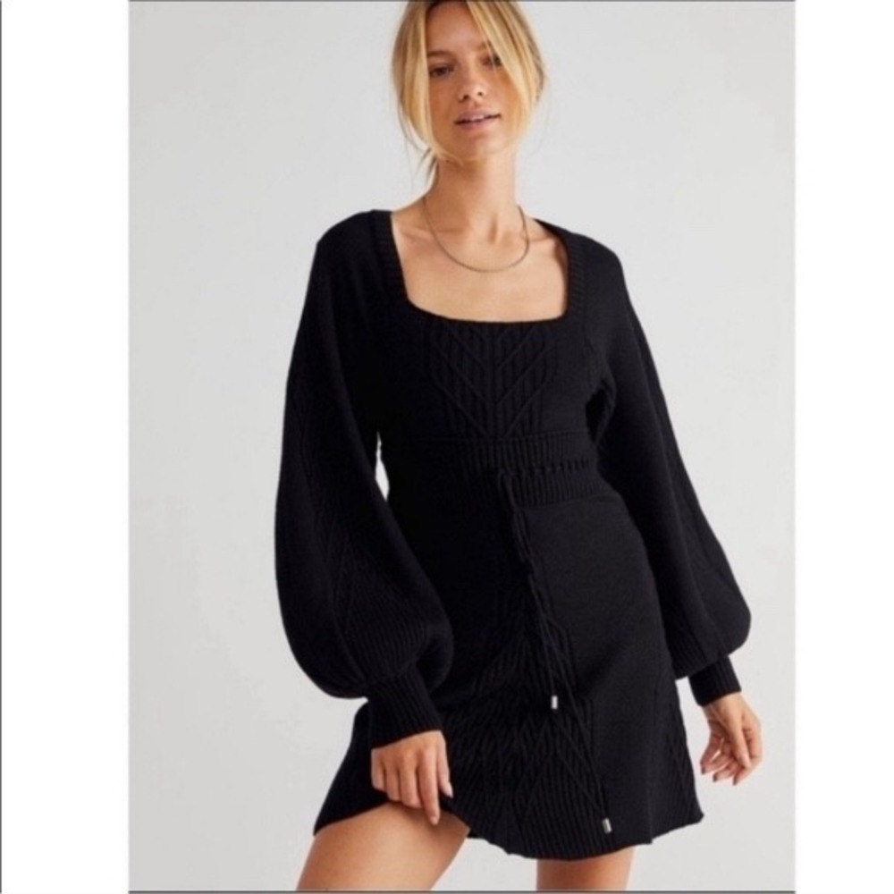 Free People Emmaline Black Cable Knit Open Back Mini Sweater Dress Medium